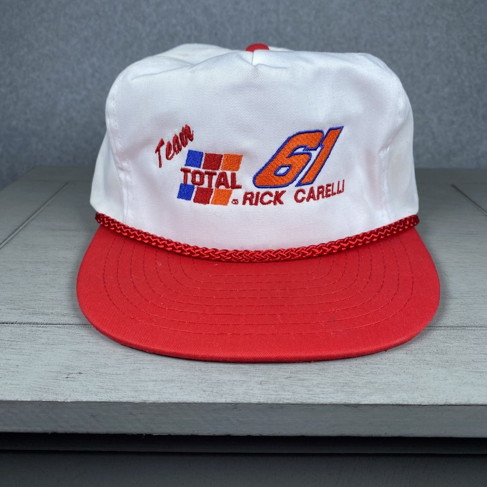 Vintage Nissin Cap Trucker Hat Mens White Red Rick Carelli Team Total NASCAR 61